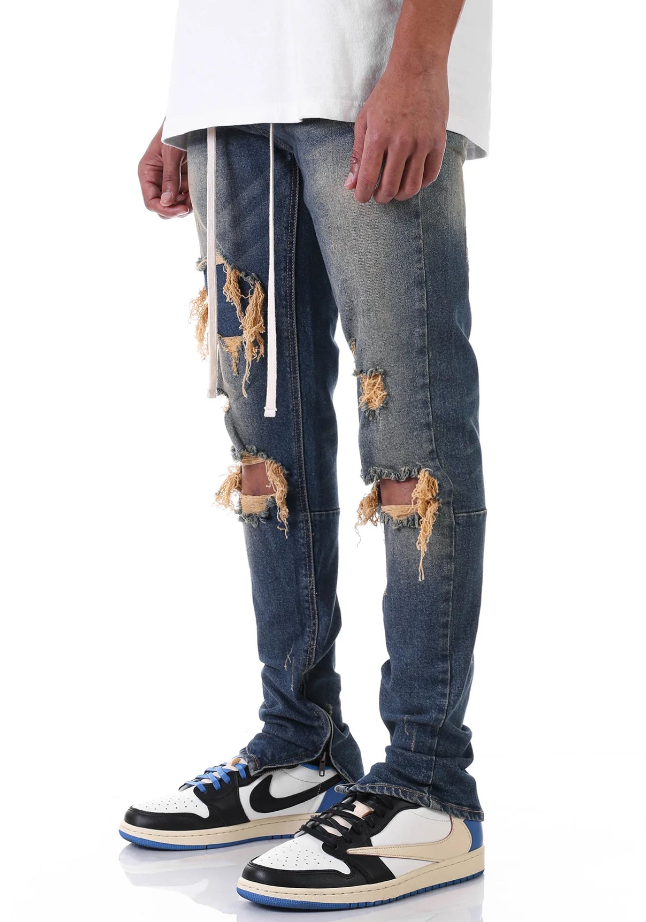 Patched Ankle Zip Denim Jeans