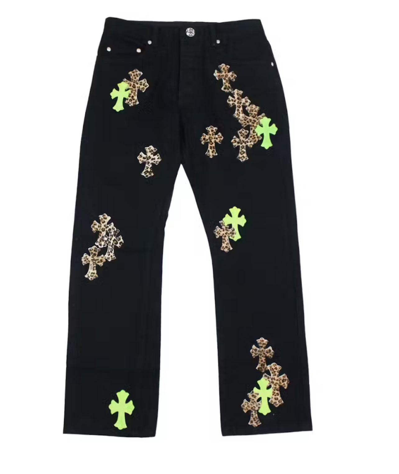 Chrome Hearts Green Leopard Cross Patch Jean