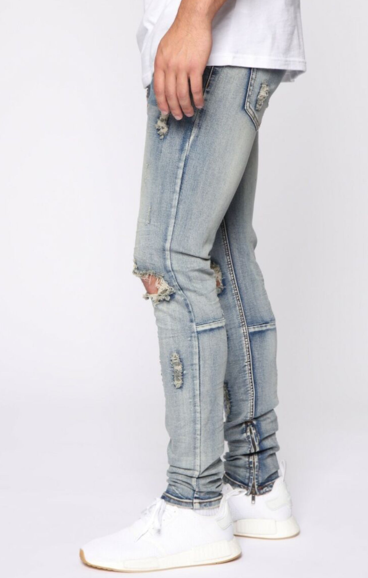 Distressed Ripped Denim Zip Jeans