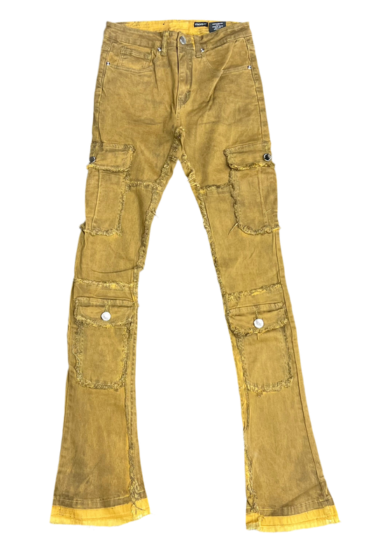 Khaki Flare Stacked Raw Jean