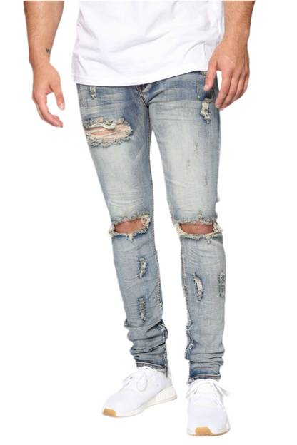 Distressed Ripped Denim Zip Jeans