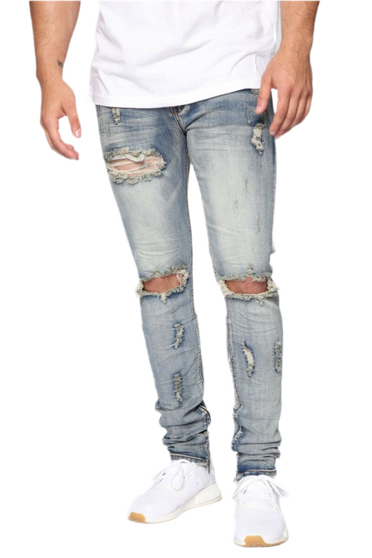 Distressed Ripped Denim Zip Jeans