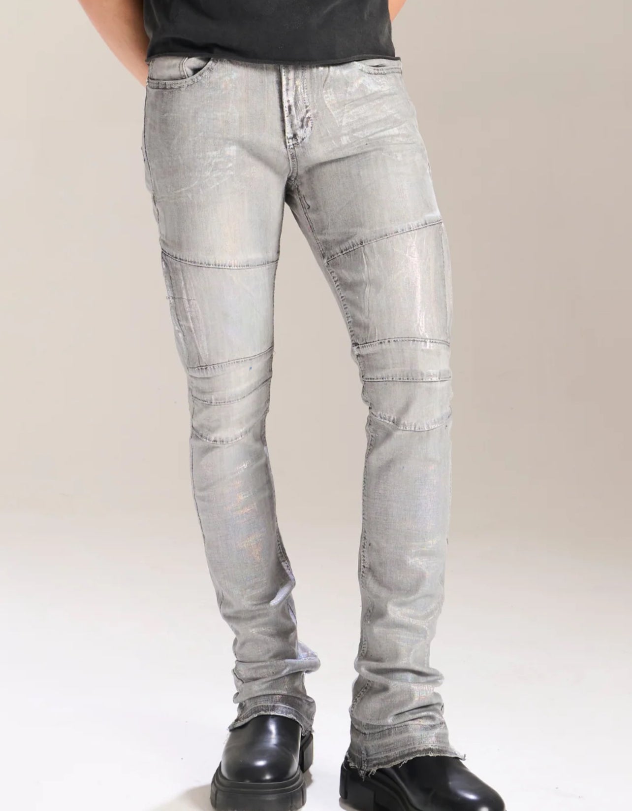 Silver Foil Stacked Jean