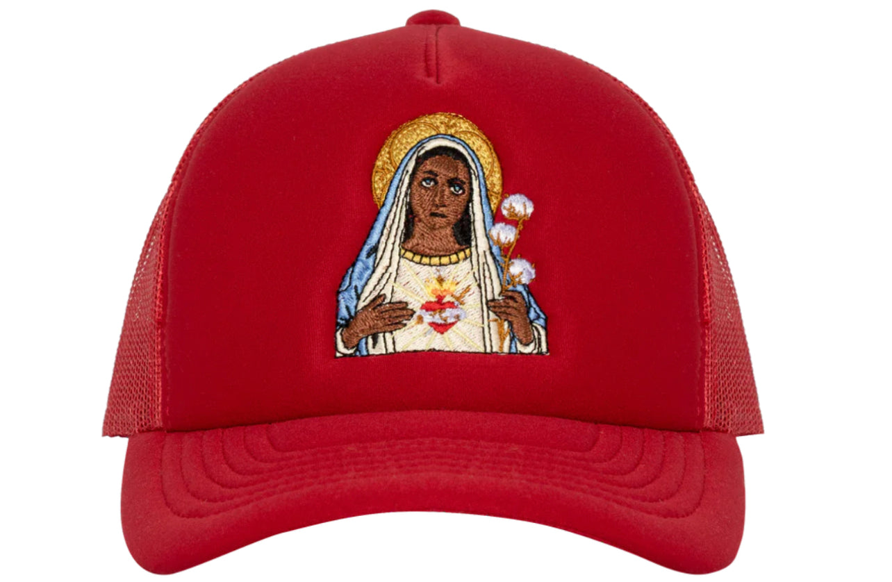 Denim Tears Black Madonna Trucker Hat Red