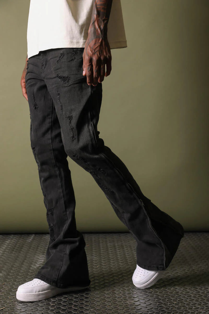 Clinton Stacked Flare Jean Zipper Black