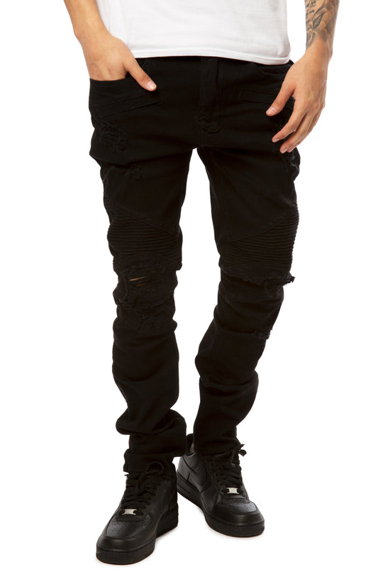 Destroyed Moto Denim Jean Black